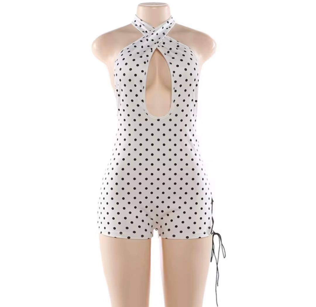 "HEARTBREAKER" White and Black Polka Dot Romper