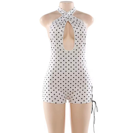 "HEARTBREAKER" White and Black Polka Dot Romper